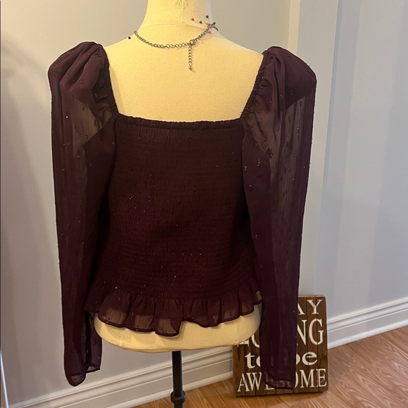 EXPRESS Purple Sparkle Long Sleeve Elastic Smocked Puff Shoulder Blouse XL - Picture 5 of 12